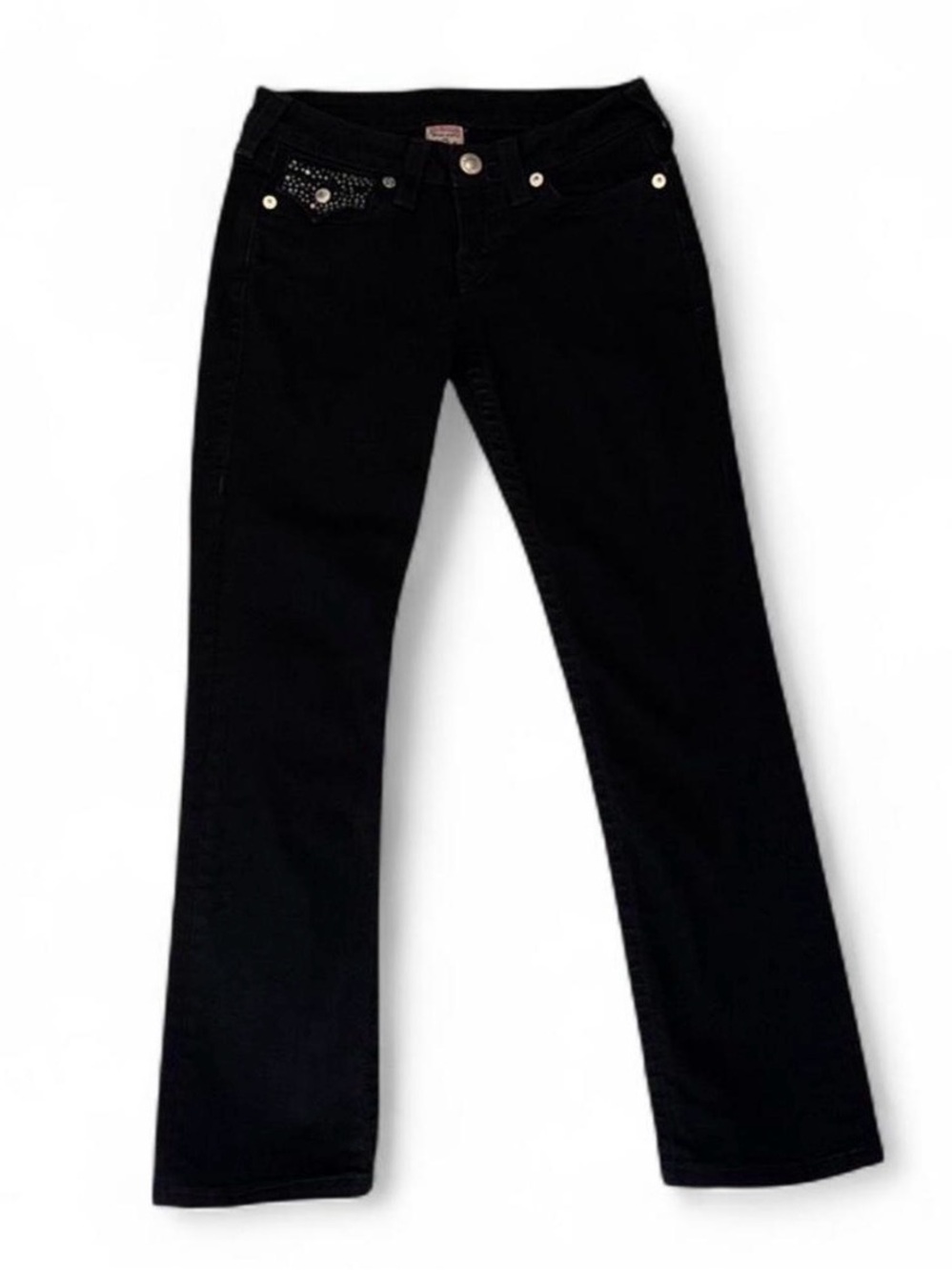 VTG true Religion Women’s Sz 27 Straight Black Rhinestone Pocket Jeans Y2K